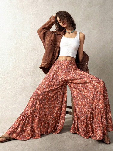 Bohemela Women's Vacation Floral Print Wide Leg Loose Pants With Ruffled Hem