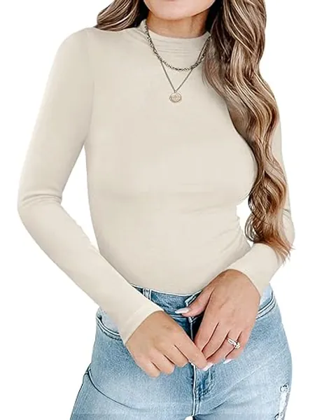 PINKMSTYLE Womens Double Lined Mock Neck Long Sleeve Tops Slim Fitted Thermal Underwear Fall Outfits - Small - Cream