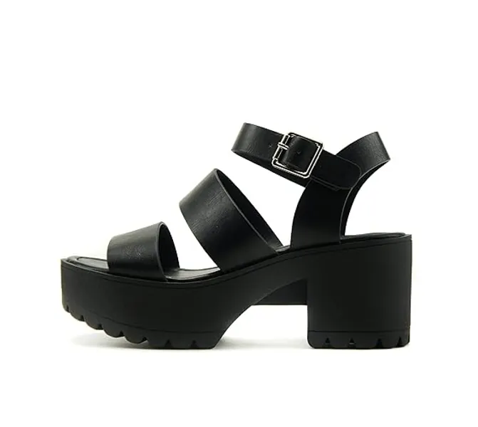 Soda ACCOUNT ~ Women Open Toe Two Bands Lug sole Fashion Block Heel Sandals with Adjustable Ankle Strap - 6 - Black