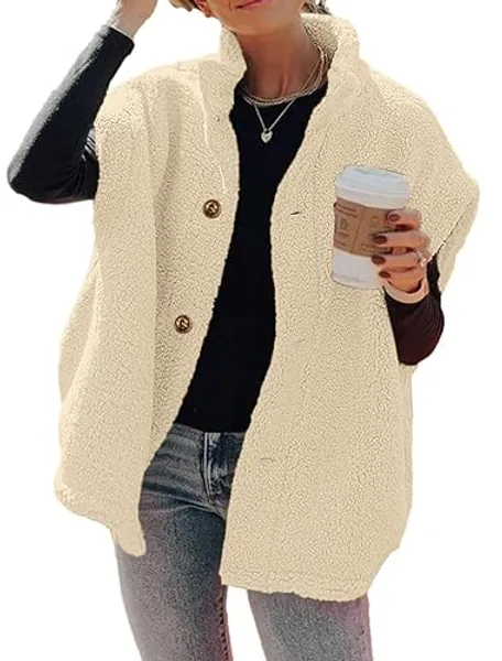 Hongqizo Womens Fuzzy Fleece Vest Casual Oversized Warm Button Down Sherpa Vest Jacket with Pockets - Medium - Beige