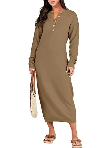 ANRABESS Women Long Sleeve Button V Neck Oversized Casual Loose Fit Waffle Knit Fall Midi Sweater Dress 2024 Trendy Outfits - Khaki - Medium