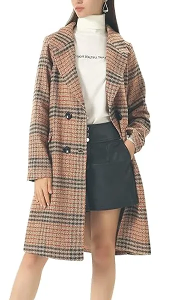 chouyatou Women's Classic Notched Collar Double Breasted Plaid Wool Blend Long Trench Coat - Small - Plaid-brown