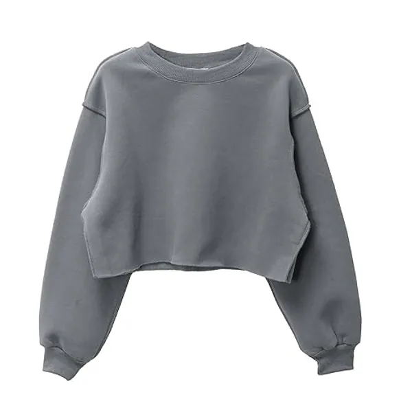 Amazhiyu Women Cropped Sweatshirt Long Sleeves Pullover Fleece Crop Tops - Large - Ash