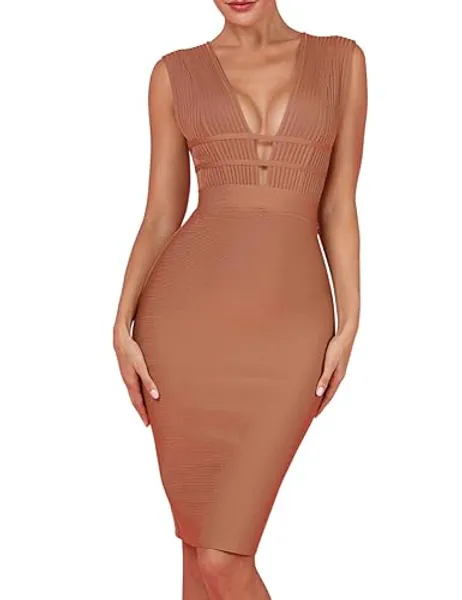 Whoinshop Women 'S Sexy Deep V Plunge Sleeveless Cut Out Bodycon Bandage Cocktial Party Dresses - Small - Lightbrown