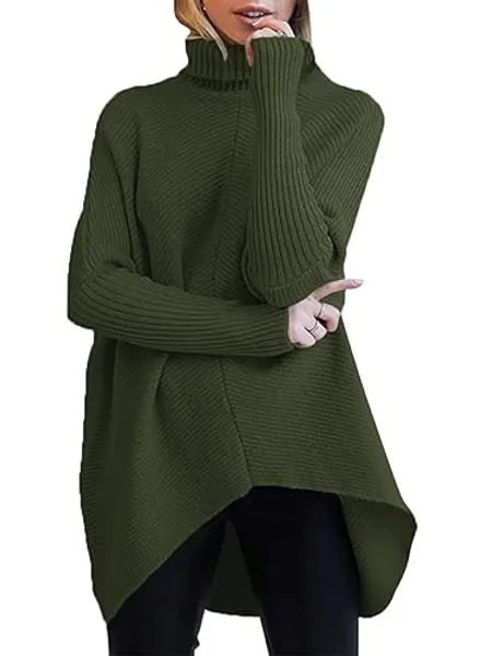 ANRABESS Womens Oversized Turtleneck Batwing Long Sleeve Casual Cozy Baggy Knit Pullover Tunic Sweater 2024 Fall Outfits - Medium - Dark Green
