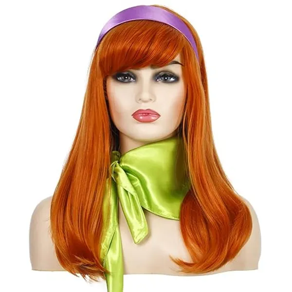 Long Wavy Ginger Orange Wigs with Bangs for Women | Green Scarf | Purple Headband (Adult Size) - Adult Size