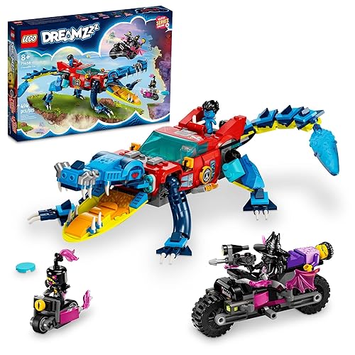 LEGO DREAMZzz Crocodile Car 71458 Building Toy Set, Rebuilds from Car to Off-Roader Truck Toy and Mini-Boat, Features Cooper, Jayden, and The Night Hunter Minifigures, Birthday Gift for 8 Year Olds - Blue, Red