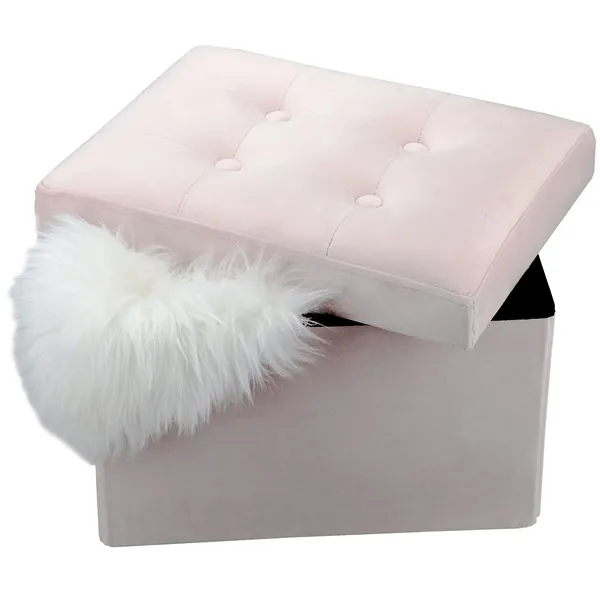 LINMAGCO 16" Small Velvet Ottoman with Storage | Collapsible Sturdy Rectangle Ottoman Foot Rest Under Desk Stool for Room Folding Ottoman Furniture with Button turfted-Lightpink