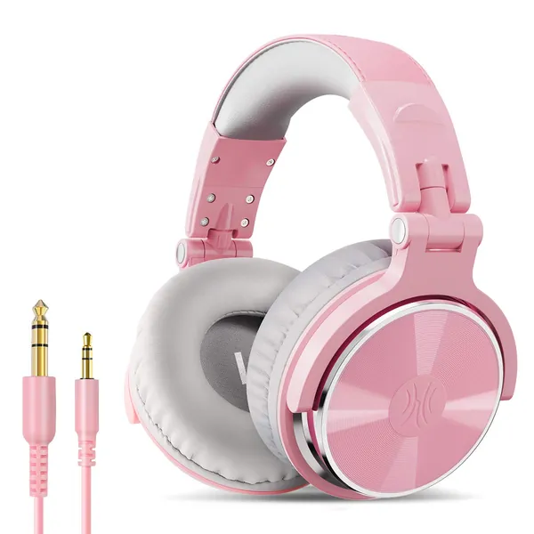 OneOdio Over Ear Headphone, Wired Bass Headsets with 50mm Driver, Foldable Lightweight Headphones with Shareport and Mic for Recording Monitoring Mixing Podcast Guitar PC TV (Light Pink)