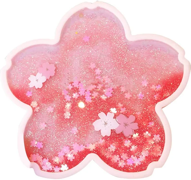 Sakura Glitter Coaster,Romantic Sakura Quicksand Pink Coffee Heatpad Water Coaster,Cute Sakura Cup Coaster, Silicone Non-Slip Insulation Cup Pad,Cute Sakura Cup Coaster for Dining
