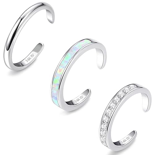 Jstyle 3PCS 14K Gold Filled Toe Rings for Women Adjustable Silver Gold Toe Ring Set Cute Opal CZ Daisy Flower Toe Rings Open Band Hawaiian Beach Summer Foot Jewelry for Women - Silver