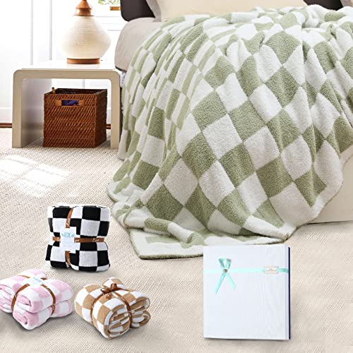 GCQC Checkered Throw Blanket, Knitted Checkerboard Grid Warmer Fluffy Shaggy Soft Cozy Fuzzy Bed Best Gifts for Mom Women with Box for Home Chair Sofa Couch - 1 Sage Green - Twin 60"x80"