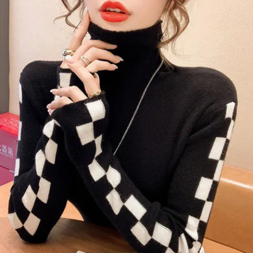 Knitted Long-sleeved Turtleneck Sweater - Black / S Within 45KG