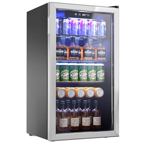 Icyglee Beverage Refrigerator Cooler - 126 Can Mini Fridge with Glass Door for Soda Beer or Wine, Beverage Cooler for Home, Office, Bar with Adjustable Removable Shelves, Silver - Sliver