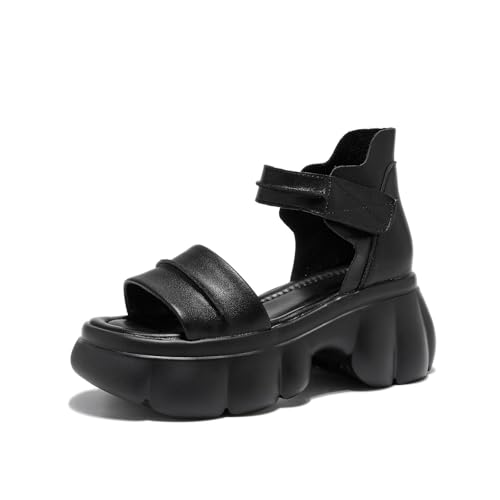 EGEBS Women's Genuine Leather Hook Loop Platform Sandals Fashion Ankle Strap High Top Comfortable Open Round Toe Chunky Heel Increase Summer Casual Sandals - 8.5 - Black