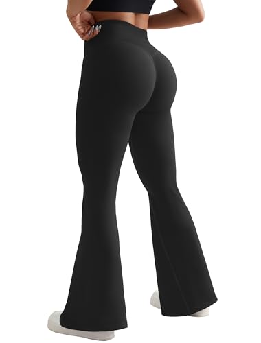 OMKAGI Butt Lifting Flare Leggings for Women Tummy Control Wide Leg Flared Yoga Pants - 31 Inseam-Scrunch Butt - Medium - Black