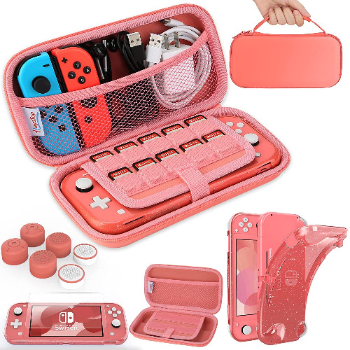 HEYSTOP Compatible with Switch Lite Carrying Case, Soft Glitter TPU Protective Case Games Card 6 Thumb Grip Caps for Nintendo Switch Lite Accessories Kit(Pink)