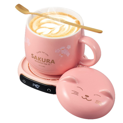 Bsigo Electric LED Display Smart Coffee Mug Warmer & Cute Cat Mug Set, Beverage Cup Warmer for Desk, Warmer Plate for Milk Tea with 3-Temperature Settings (Up to 140℉/60℃), 8 Hour Auto Shut Off, Pink