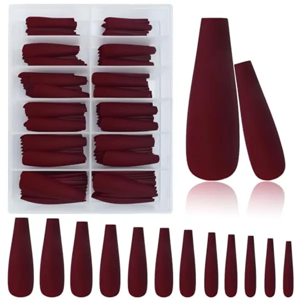 AddFavor XXL Extra Long Press on Nails Coffin Matte Fake Nails Full Cover Acrylic False Nails 12 Sizes 120pcs Burgundy Nail Tips for Women Fingernails Manicure Design