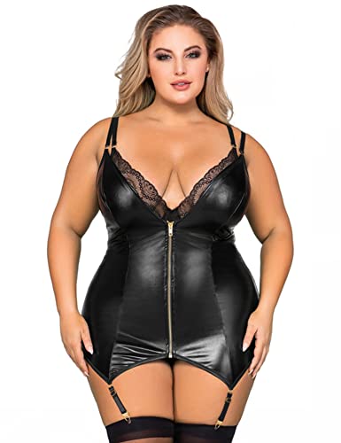 ohyeahlady Lingerie Plus Size Lace Stitching Zipper Teddy Black Party Clubwear - 16-18 - Black