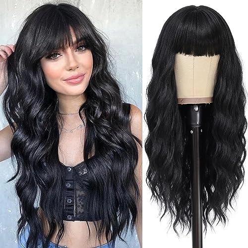 NAYOO Long Wavy Wigs with Bangs Black Wigs for Women Synthetic Heat Resistant Wig 26 Inches Natural Looking Realistic Wigs for Daily Party Use（Black） - 26 Inch - Black