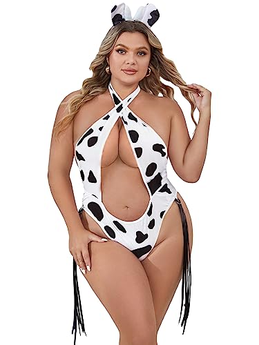 WDIRARA Women's Plus Size Cow Print Costumes Criss Cross Halter Bodysuit Lingerie with Hairhoop - 4X-Large Plus - Black and White
