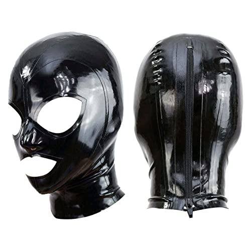 renvena Unisex Latex Hood Mask Full Face Mask Riding Mask Hood Party Mask Catsuit Pinholes Zipper Mask - Black - X-Large