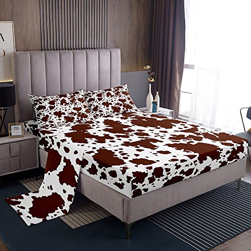 Erosebridal Cow Fur Print Bed Sheets Full Size White Brown Cowhide Sheet Set 4Pcs for Kids Boys Room Decor Animal Skin Print Flat Sheet Farmhouse Cow Print Fitted Sheet with 2 Pillowcases - Color 35 - Full