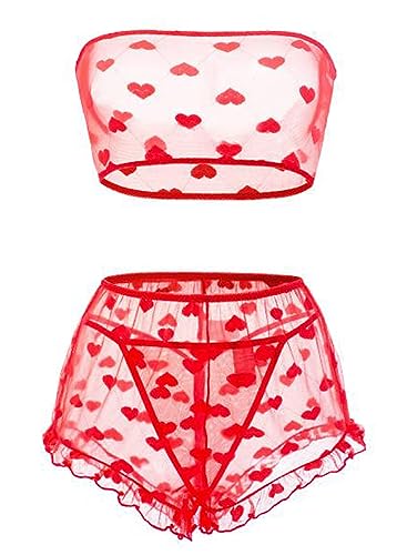 Pretishows Women's Lingerie Set Stretchy Lace Bandeau Bra Top Underwear with Shorts and Thong Size S-XXL - XX-Large - Red