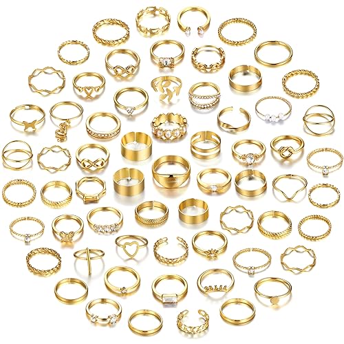 FAXHION 60 Pcs Gold Stackable Rings for Women, Knuckle Rings Chunky Gold Ring Set Dainty Stacking Cute Rings, Multiple Sizes Cute Jewelry Set Gift - 02-Gold-60 pcs