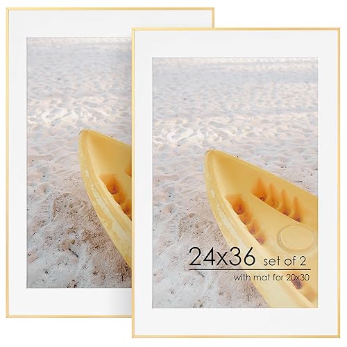 24x36 Metal Picture Frame For Wall With Mat For 20x30, 24''x36'' Aluminum Photo Frames With Tempered Glass For Home Decor, Minimalist Modern Poster Frame Horizontally Vertically Set of 2, Gold - Gold - 24''x36''-2P Real Glass