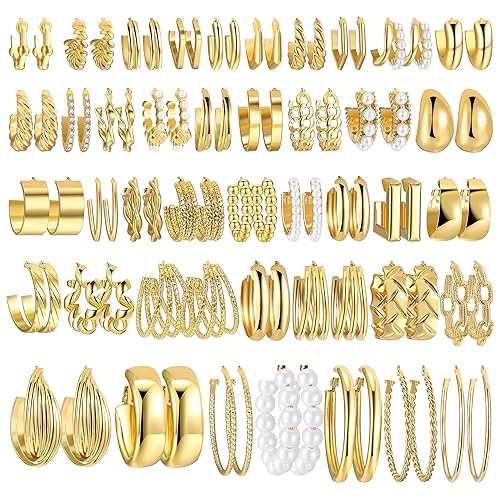 42 Pairs Gold Hoop Earrings Set for Women, Fashion Chunky Pearl Earrings Multipack Twisted Statement Earring Pack, Hypoallergenic Small Big Hoops Earrings for Birthday Party (Gold-42 pairs) - Gold-42 pairs