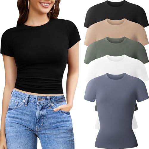 CE' CERDR 5 Pack Womens T Shirts Crew Neck Short Sleeve Shirts for Women Casual Basic Fitted Stretchy Tee Tops - Medium - 5 Pack Black, White, Nude, Olive Green, Dark Blue