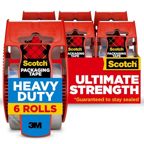 Scotch Heavy Duty Packaging Tape, 1.88" x 22.2 yd, Designed for Packing, Shipping and Mailing, Strong Seal on All Box Types, 1.5" Core, Clear, 6 Rolls with Dispenser (142-6) - 6 Count