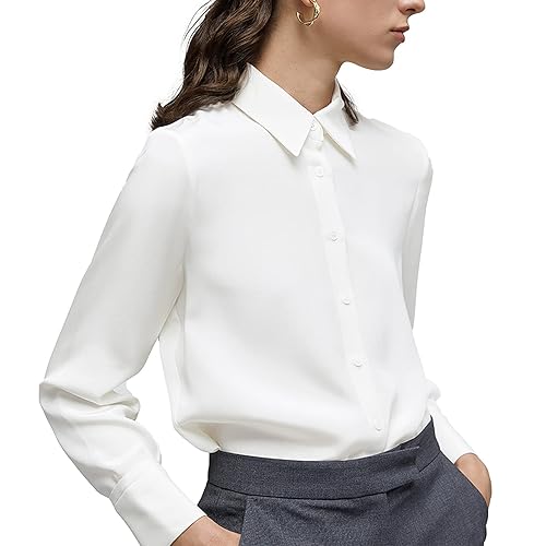 YAMANMAN Women's Button Down Shirt Classic Long Sleeve Collared Tops Work Office Chiffon Blouse - X-Small - White