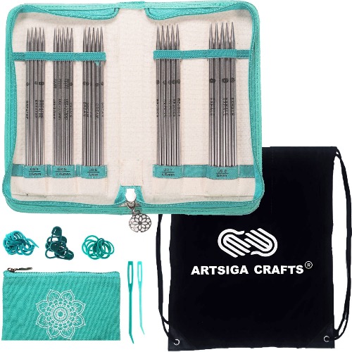 Knitter's Pride Mindful Compassion 6-Inch 5-Sets Large DPN Double Point Lace Knitting Needle Set, Sizes US 4, 5, 6, 7, 8, Stainless Steel, 1 Gauge Bundle with 1 Artsiga Crafts Project Bag 250308 - 