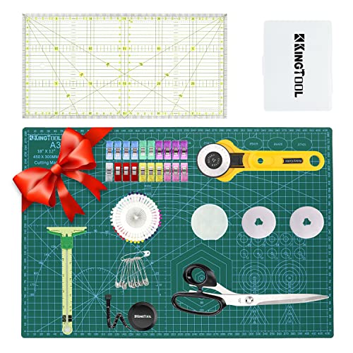 78 Pcs Rotary Cutter Set - KingTool 45mm Cutter Kit with A3 Cutting Mat, Fabric Scissors 3 Replacement Blades, Quilting Rulers, Sewing Clips, Sewing Pins - Perfect for Crafting,Quilting,Sewing - 78Pcs With Scissors