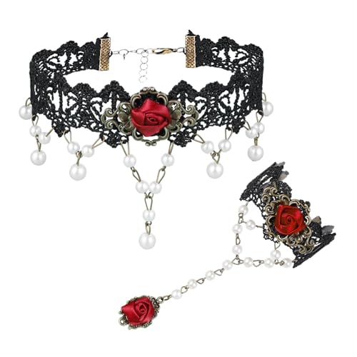 MILAKOO Women Choker and Bracelet Ring Set Lace Necklace Gothic Vintage Charm Pendant Beads Jewelry - B: Black