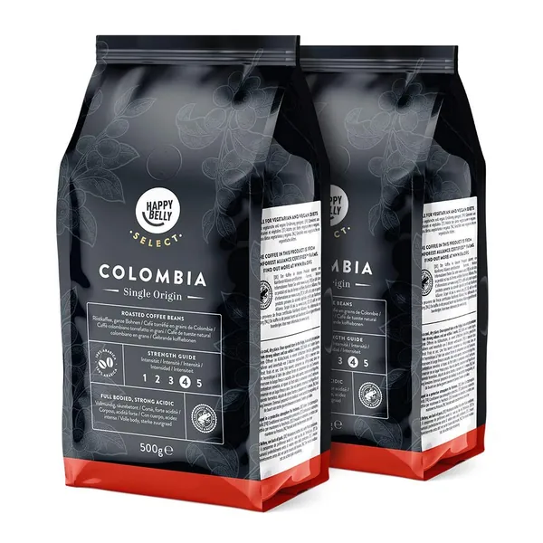 Amazon Brand - Happy Belly Select Colombia Coffee Beans, 1Kg (2 Packs x 500gr) - Rainforest Alliance Certified