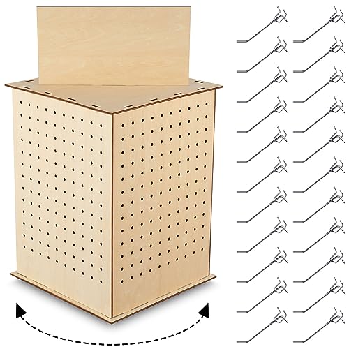 Kigley Wooden Rotating Display Stand 4 Sided Revolving Jewelry Display with Heavy Duty Pegboard Hooks, Keychain Display Rack 360° Rotating Pegboard Stand for Craft Shows (11.8 x 11.8 x 15.8 Inch) - 11.8 x 11.8 x 15.8 Inch