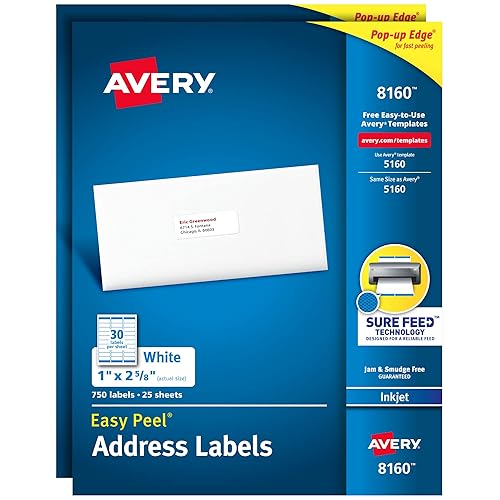 Avery Easy Peel Printable Address Labels with Sure Feed, 1" x 2-5/8", White, 750 per Pack, 2 Packs, 1,500 Blank Mailing Labels Total (08160) - 1500 labels