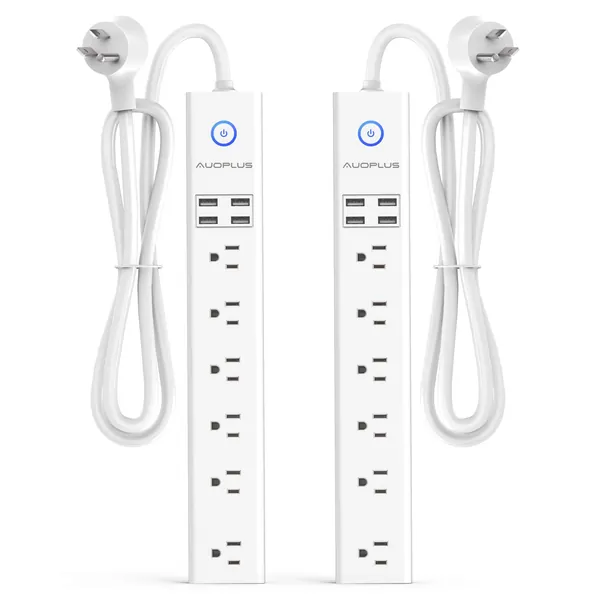 2 Pack Power Strip Surge Protector Flat Plug - 6 Widely Spaced Outlets 4 USB Charging Ports, 2100J/10A with 6Ft Long Extension Cord, Overload Surge Protection, Wall Mount for Home Office - 6FT White
