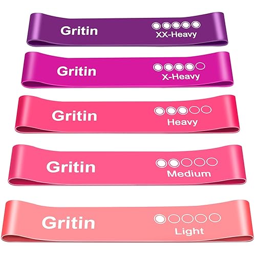 Gritin Resistance Bands, Set of 5 Skin-Friendly Resistance Fitness Exercise Loop Bands with 5 Different Strength Levels - Carrying Case Included - Ideal for Home, Gym, Yoga, Training - Pink - Purple