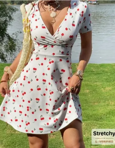 SHEIN EZwear Cherry Print V-Neck Cinched Waist A-Line Short Dress, Summer Vacation Summer Dresses
