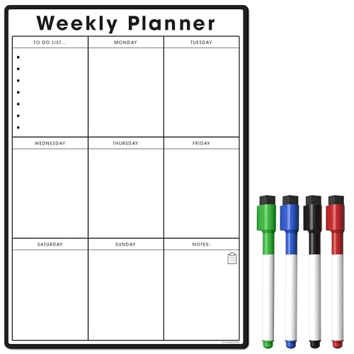 TMS Magnetic Weekly Planner/Organiser A3 | Customisable Whiteboard to Manage Tasks, to Do Lists, Shopping, Meal Planning | for Home, Office, School with 4 Dry Wipe Pen (Standard Black, A3) - Standard Black - A3