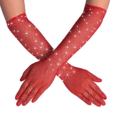 Yikisdy Lingerie Fishnet Gloves Mesh Crystal Glove Sparkle Rhinestone Elastic Gloves Rave Party Costume for Women and Girls - Red
