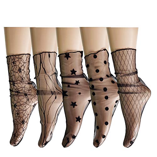 Benefeet Sox Women Sheer Lace Socks Fashion Girls Tulle Slouch Mesh Socks Loose Clear Socks Christmas Valentine Gifts - One Size - Black-star Rose Polka Diamond Crack Stripe