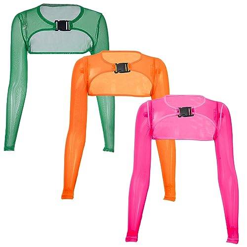 Ypser See Through Mesh Crop Top Sheer Open Front Shrug Fishnet Cover Ups with Buckle - 3packs (Pink+green+orange) - Large-X-Large