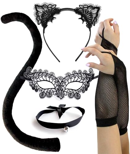 OLYPHAN Black Cat Costume for Women, Halloween Masquerade Mask, Lace Ears, Gloves, Tail, Choker Necklace