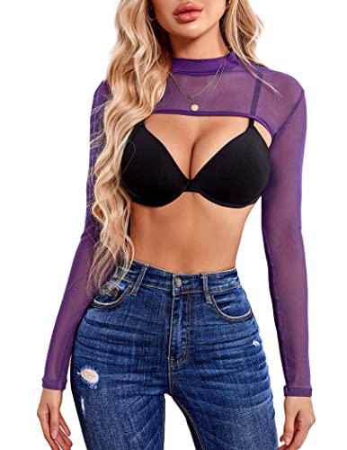 Avidlove Mesh Crop Tops for Women Mock Neck Long Sleeve Crop Top See Through Shirt Top Sexy Clubwear - XX-Large - Purple